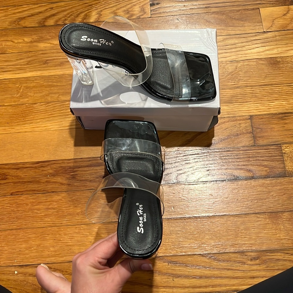 BLACK AND CLEAR SLIDE HEELS BRAND NEW NEVER HAVE BEEN WORN